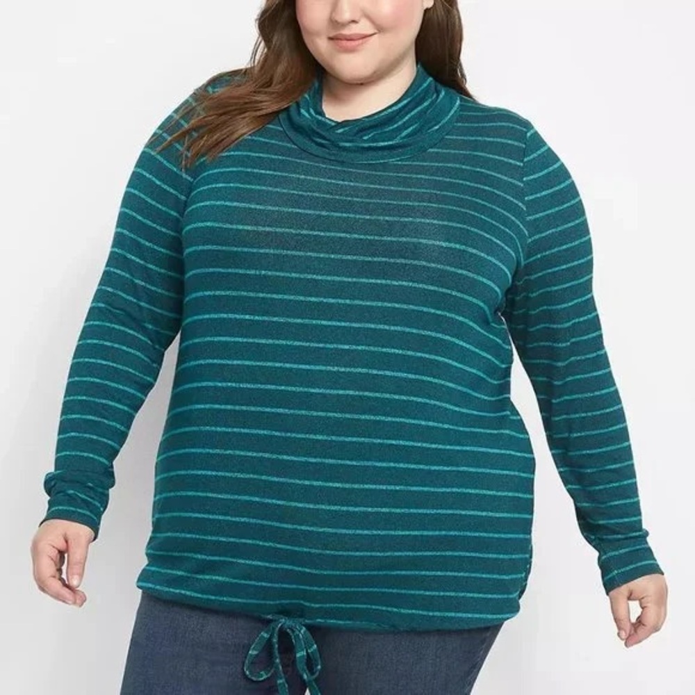Lane Bryant Teal Blue Striped Cowl Neck Hacci Soft Knit Tie Cinch Waist Sweater